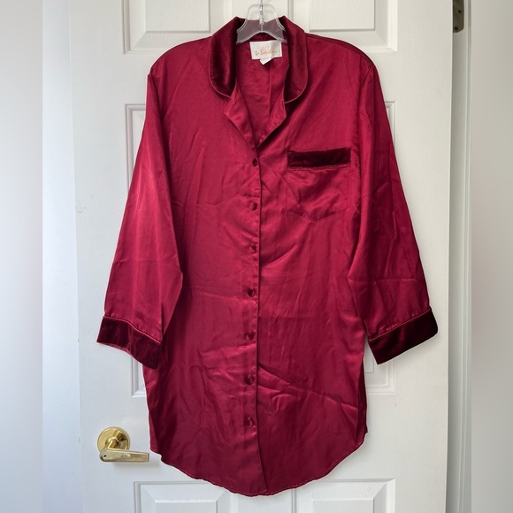Vintage Satin Velvet Trim Pyjama Shirt Dress S Ruby - Picture 2 of 15